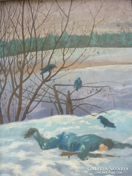 Sebesült katona a hóban - olaj-vászon, kerettel 36 x 45 cm