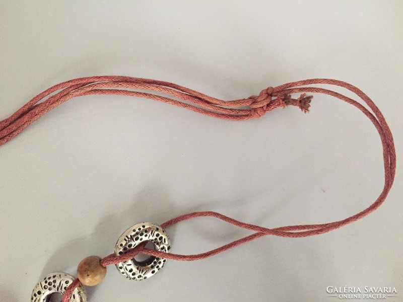 Necklace on leather strap, wood, with metal pendants, adjustable length (8f)