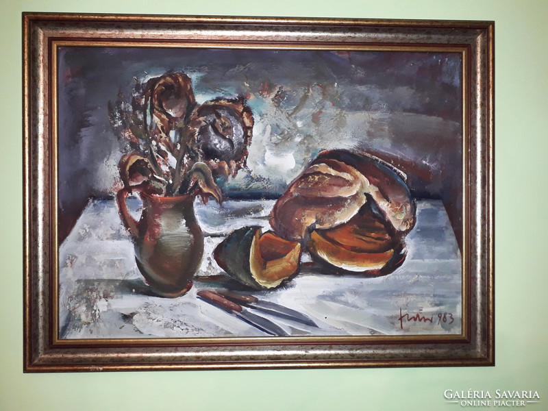 Egy kifejező alkotás Fodor József - Téli csendélet - olaj / farost festmény 80 cm x 60 cm 1983-ból