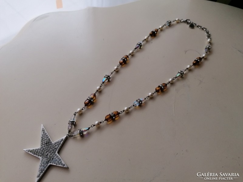 Ezüst nyaklánc, teklaval, borostyán színű szintetikus kövekkel és nagy ezüst csillag medállal 925 