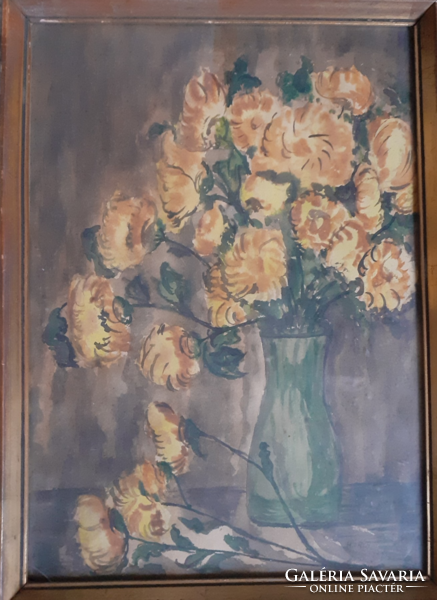 H. IRIS: Sárga virágok - csendélet akvarell 1959-ből