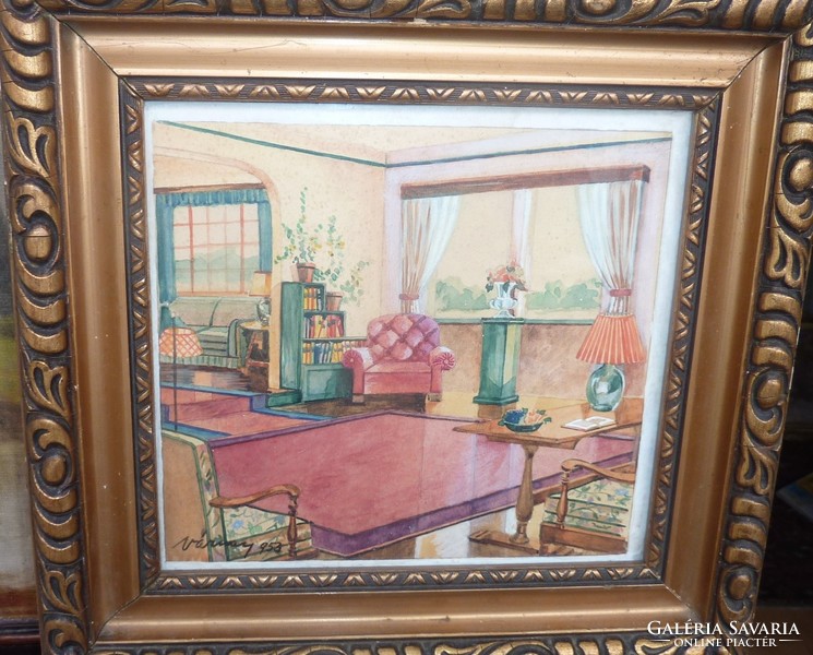 ENTERIŐR 1953-BÓL (akvarell+keret, 27x29 cm, Várnay) szobabelső, XX. század közepe, bútorok)