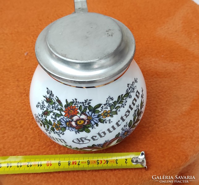Jar of zum gebustag, for your birthday! For gifts and for collection, porcelain cup with tin lid! Sign