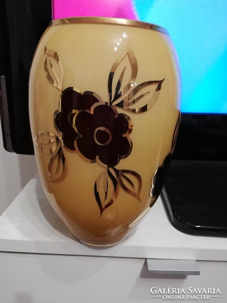 Marked rare yellow-burgundy Bohemian glass vase 20.5 Cm
