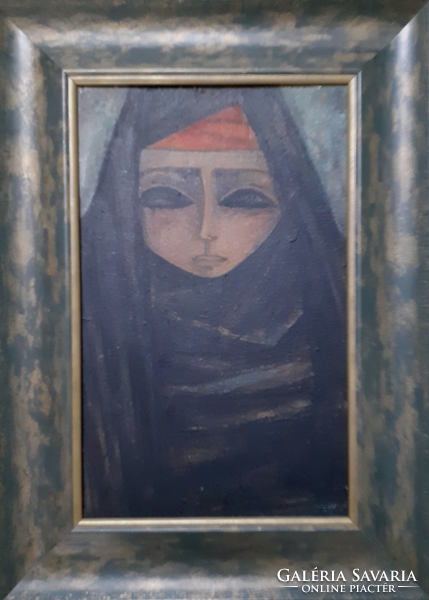 Portrait of a veiled woman - oil painting in a beautiful frame 39x53 cm (portrait of a girl, lady, Islam)