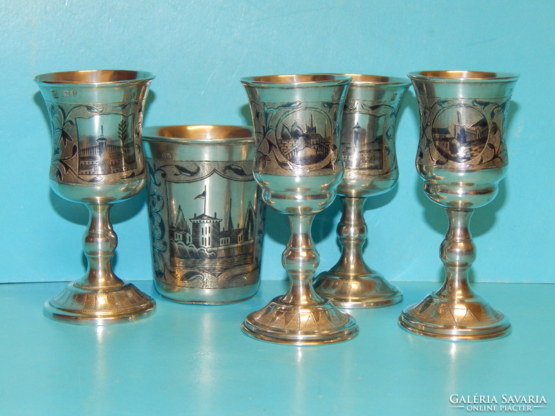 1865 évben készült 5 db antik orosz ezüst pohár, igen jó állapotban