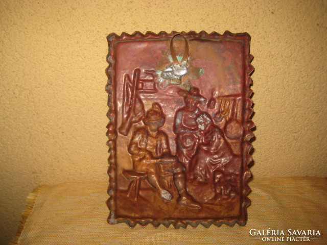 Old embossed wall picture, made of red copper plate, 14 x 20 cm