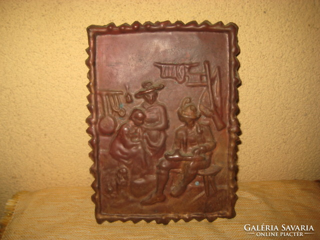 Old embossed wall picture, made of red copper plate, 14 x 20 cm