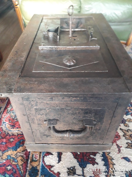 18-19. A late-19th century baroque pay chest with a trick lock and two padlocks.