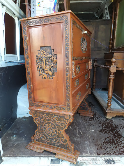 Antique Brown Richly Carved 3 Drawer Folding Chinese Desk Wardrobe Asia 3813