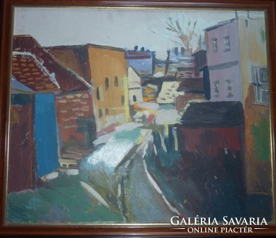 István Szabó: Sopron district, 1983 gallery, oil on wood (street view, landscape) 65x55 cm