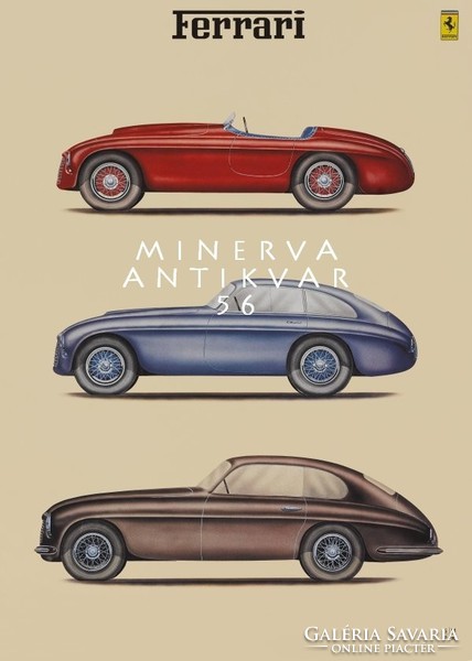 Régi Ferrari oldtimer automobil modellek, piros kabrio, embléma Vintage/antik plakát reprint