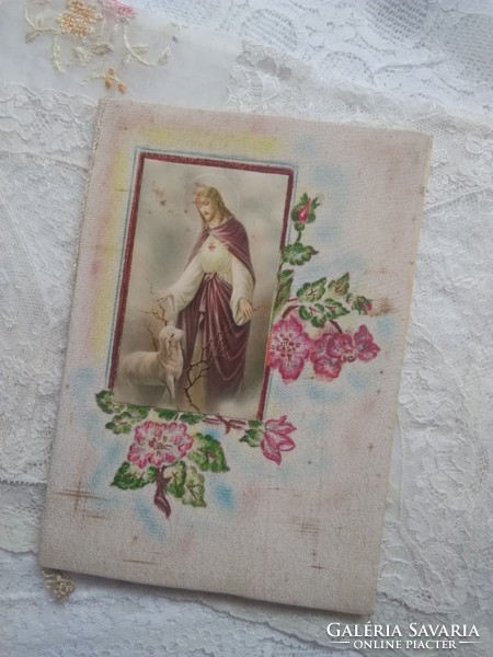 Antik, kézzel készített emlék füzetecske selyemborítóval, Jézus szentképpel