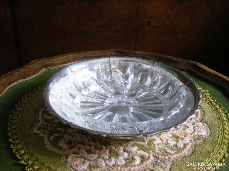 Gyönyörű, antik, ezüstözött, kristálybetétes kínáló tál, asztalközép