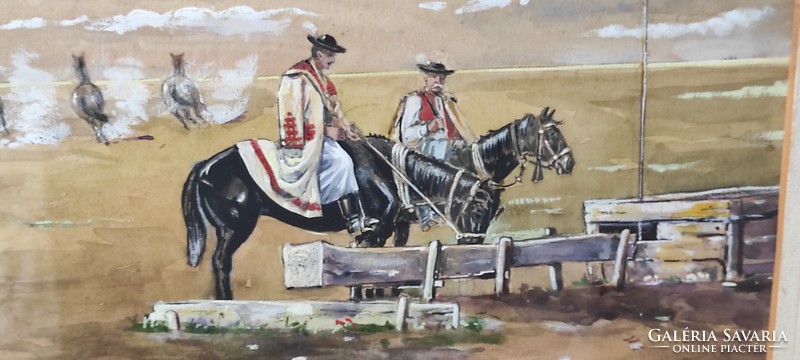 Hortobágyi lovas jelenet.Aqvarell festmény lovas vàgta és lóitatàs .Mozgalmas hangulatos vízfestmény