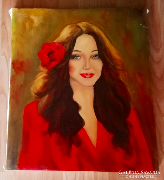 Girl in red dress portrait painting oil