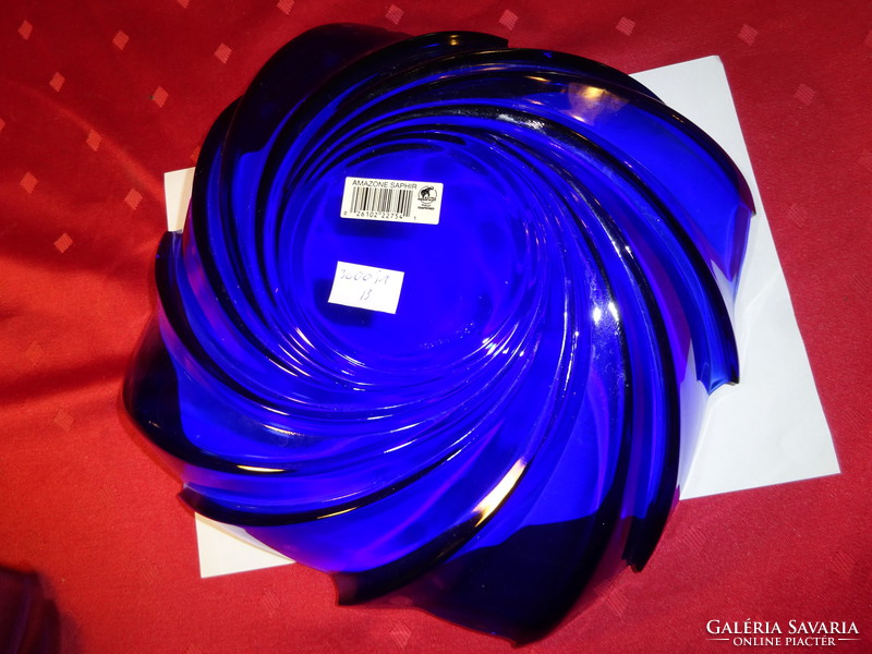 Kék üveg tál, kínáló, cakkos széllel, mérete 28 x 28 x 9 cm. Vanneki!