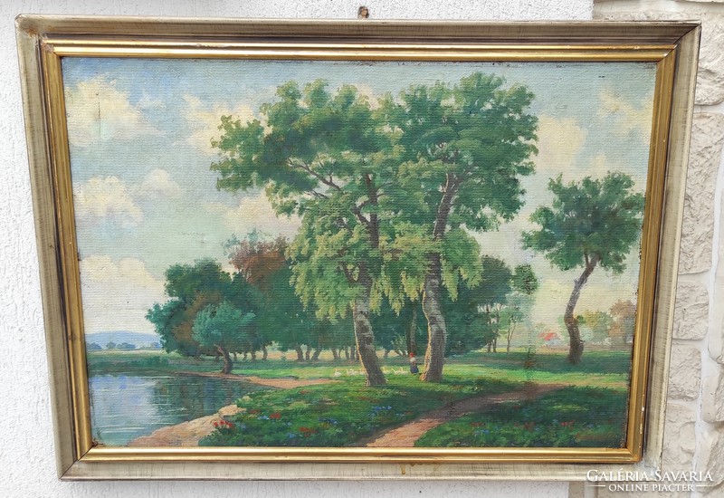 Landscape, lakeside, maybe Lake Balaton, Lake Venice, cozy painting, signaled