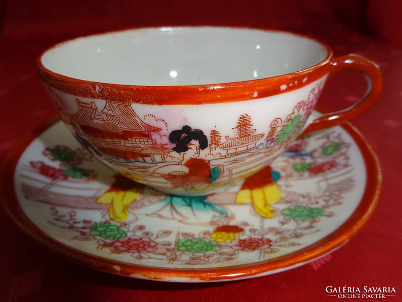 Japán porcelán teáscsésze + alátét, barna szegélyes. Vanneki!