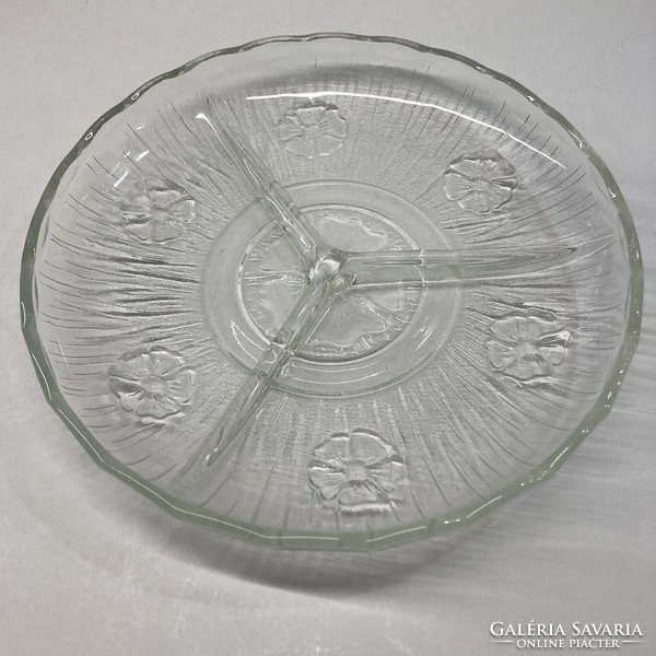 Glass offering, bowl, three compartments, material with floral pattern