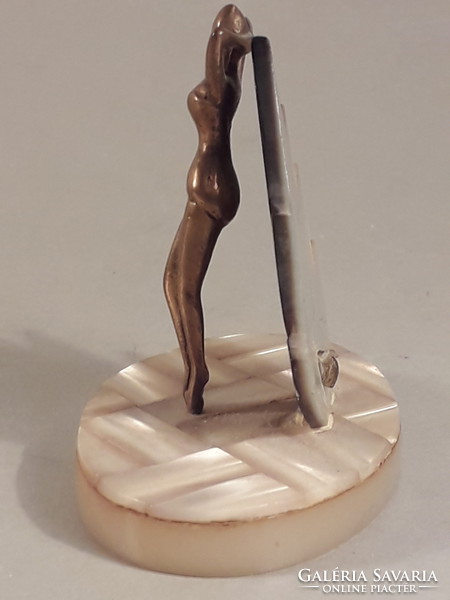 Copper or bronze female nude on a mother-of-pearl base miniature souvenir display case ornament