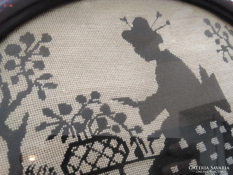 Régi árnyképes Gésa motívumos tűgobelin kép üvegezett fa keretben
