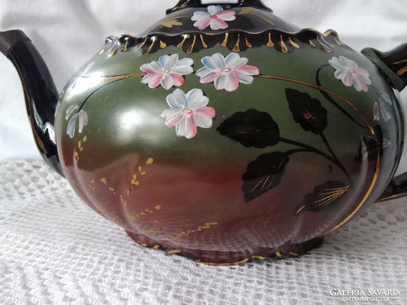 Antique thick-walled, floral porcelain jug in a rarer black-green color
