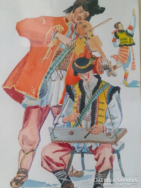 Népzenészek, akvarell (1990) cirill betűs jelzéssel életkép, szláv népviselet, zenészek és tánc