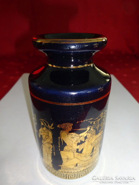 Görög porcelán, kobalt kék váza, arany díszítéssel, magassága 10 cm. Vanneki!