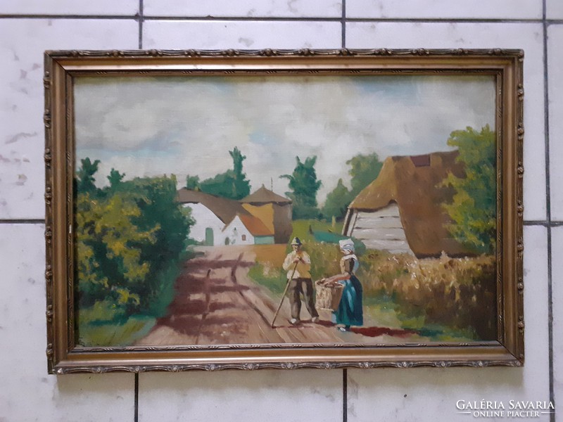 Vidéki életkép (olafestmény kerettel 31x45 cm)  falu, emberek, utcakép, tájkép