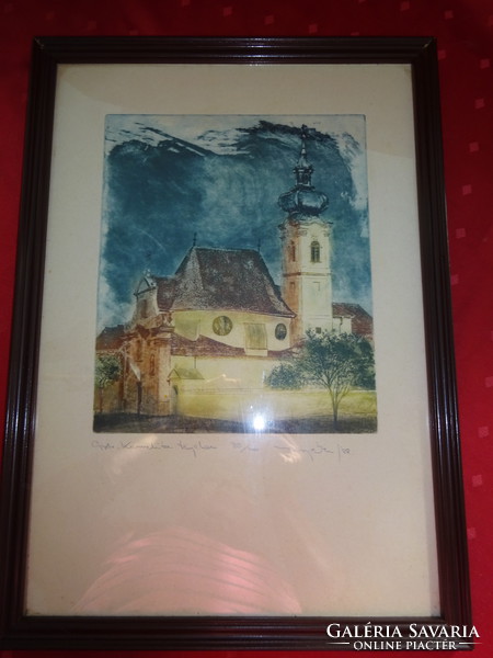 Picture of the Győr Carmelite church by Péter Kis graphic artist, size 29 x 24 cm. 33/100. He has!