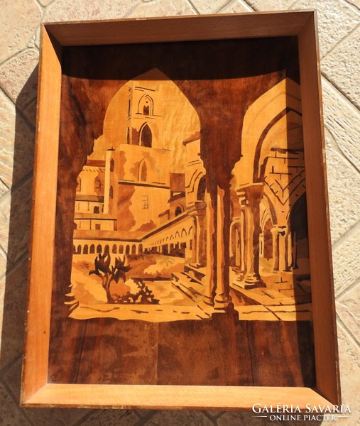Antique marquetry picture - marquetry cityscape