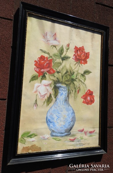 Antique marked watercolor floral still life