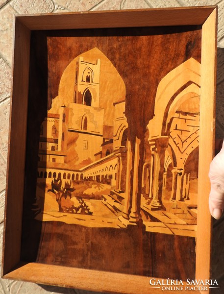 Antique marquetry picture - marquetry cityscape