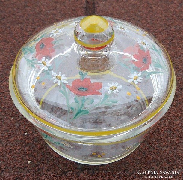 Régi virágfestéses üveg bonbonier - cukortartó
