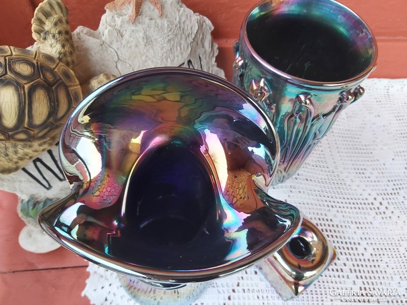 Glass eosin eosin iridescent broken frame vase inkwell or candle holder rare collector artistic