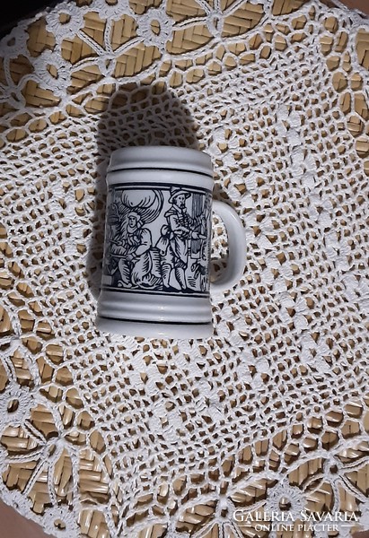 Hollóház porcelain beer mug with dark blue pattern, original, marked, flawless