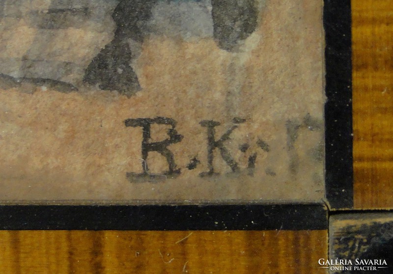 0E993 Boemm Ritta : Antik enteriőr festmény papír akvarell