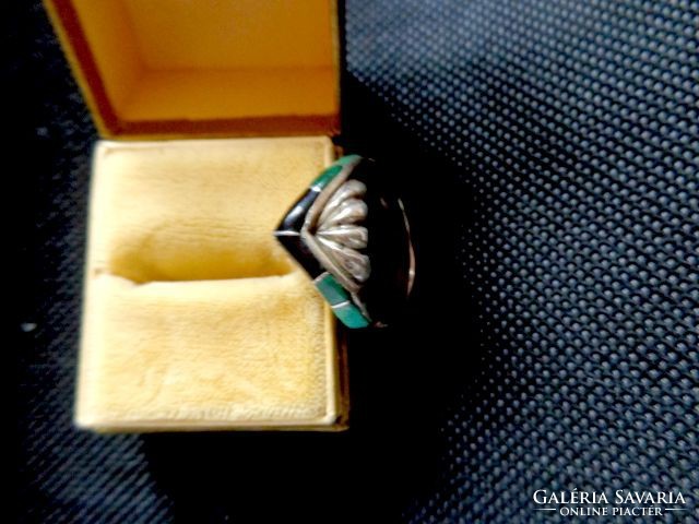 Silver, antique onyx, malachite, turquoise inlet ring 8.5