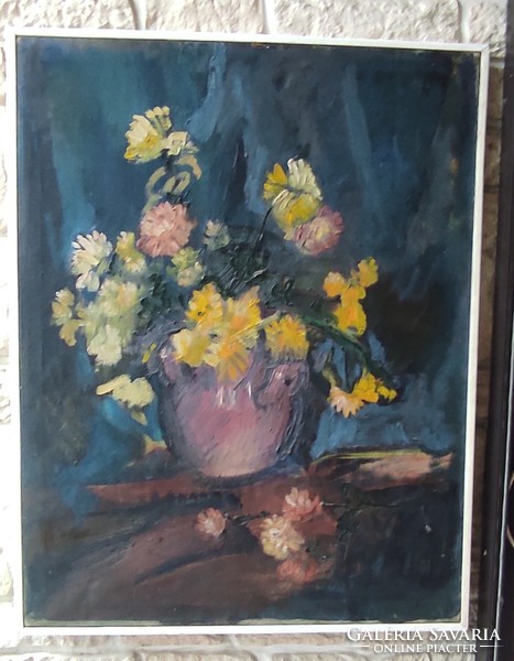 Beautiful table flower still life on canvas painting. Captain Eve Sign.