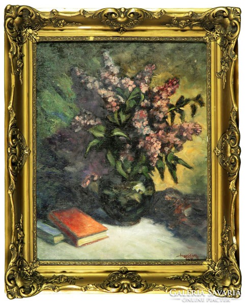 Magyar festő : Orgonák vázában 1947