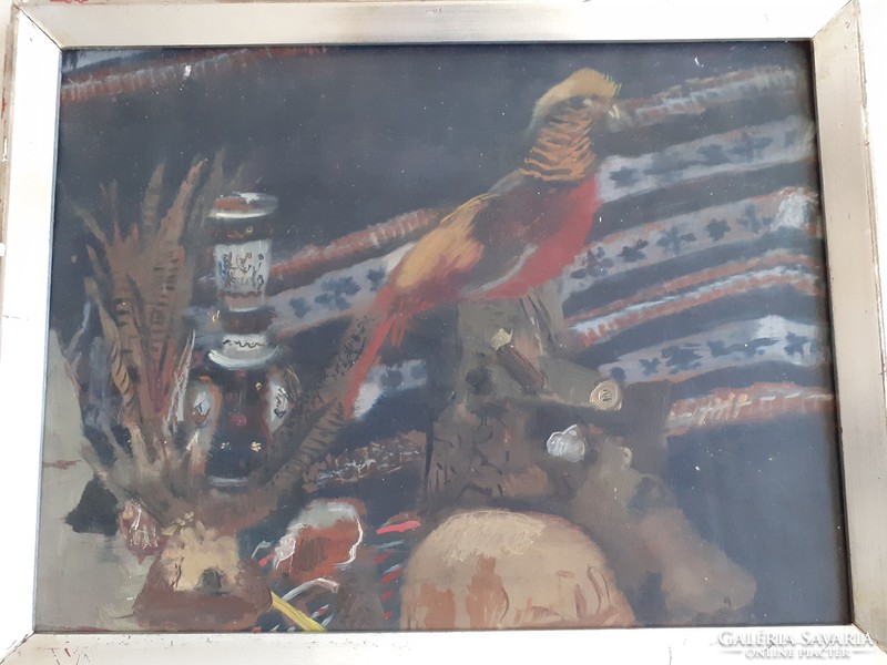 CSENDÉLET FÁCÁNNAL (olajfestmény kerettel 35x45 cm) asztali kép, állat, madár