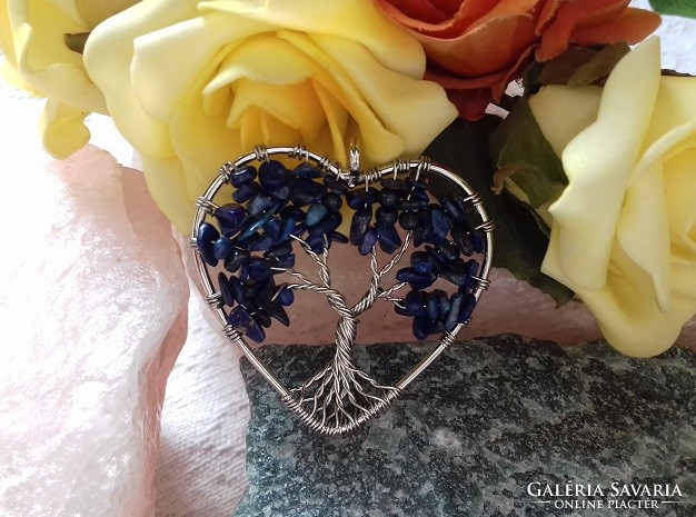 Large tree of life pendant term. Real lapis lazuli chips from grains, rhodium