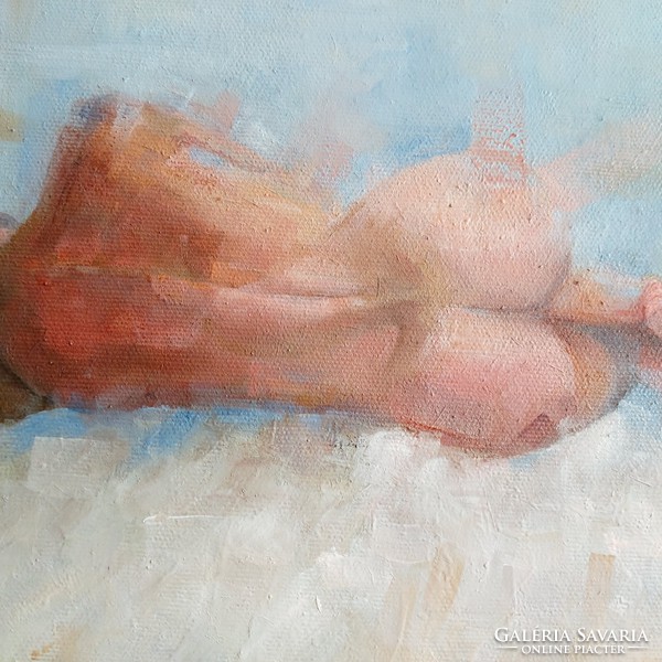 Oil painting on stretched canvas. Female nude, modern impressionist style