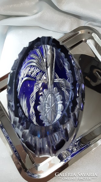 Royal blue lead crystal vase, richly decorated, hand-polished, unique, special, showcase quality