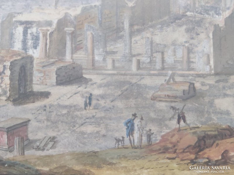 XAVIER DELLA GATTA: A pompeji bazilika látképe (14x22, gouache) történelmi romok tájkép, Olaszország
