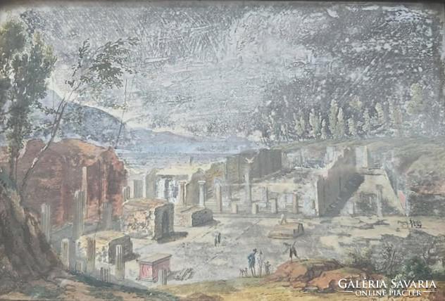 XAVIER DELLA GATTA: A pompeji bazilika látképe (14x22, gouache) történelmi romok tájkép, Olaszország