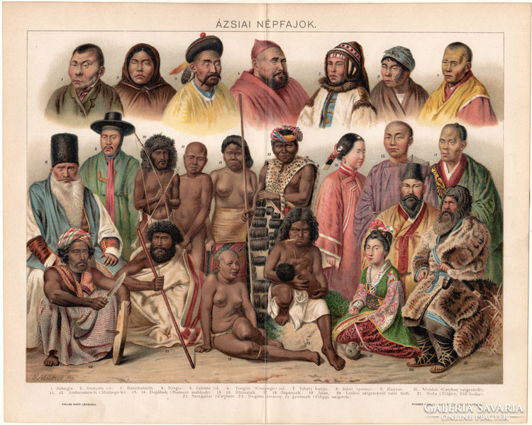 Ázsiai népfajok, 1894, színes nyomat, eredeti, magyar nyelvű, litográfia, Ázsia, kínai, japán, régi