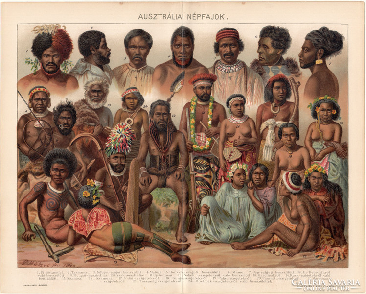 Ausztráliai népfajok, 1894, színes nyomat, eredeti, magyar, litográfia, Ausztrália, nép, maori, faj