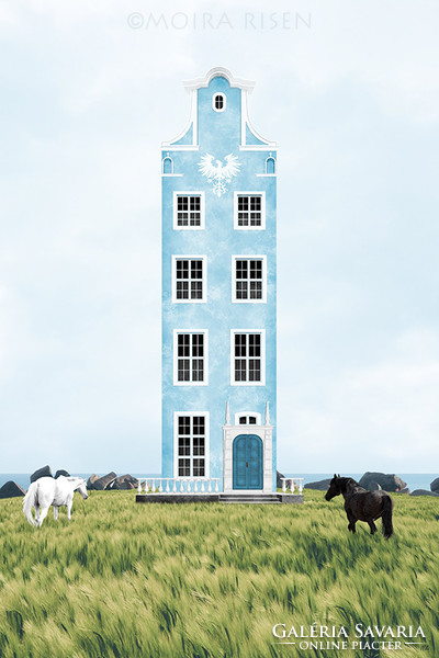Moira Risen: A kék ház álma Kortárs szignált fine art nyomat középkori építészet lovak mező tájkép